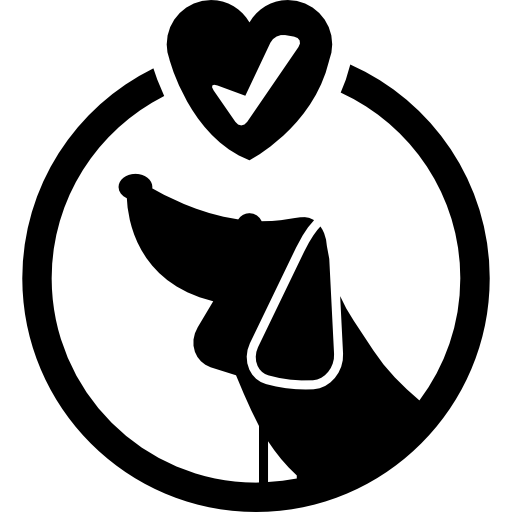 Pets hotel circular symbol with a dog and a verification sign inside a heart